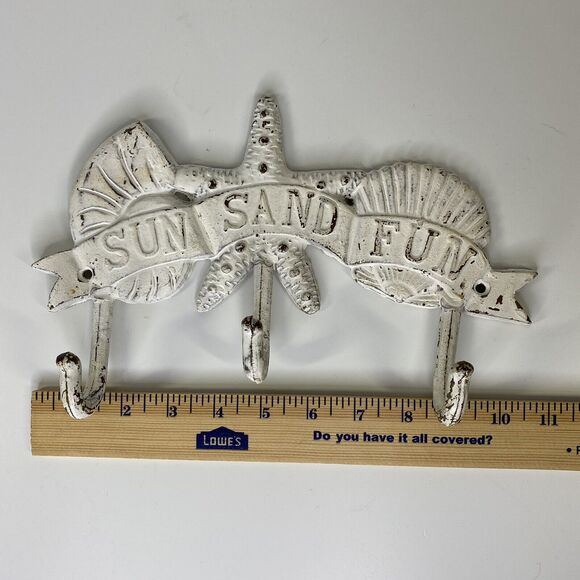 Beachy Cast Iron Key Hook Sun Sand Fun Beach Shell Starfish Chippy Nautical - Picture 6 of 10